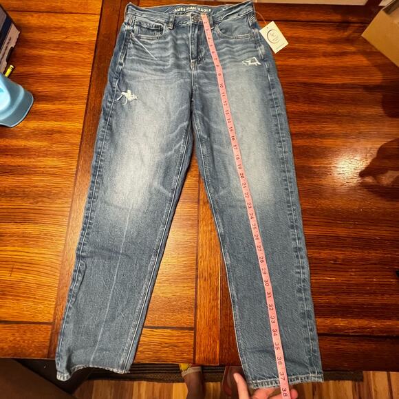 American Eagle AE Blue Denim Jean Straight Regular Destructed Distressed Size 4 - Picture 6 of 10